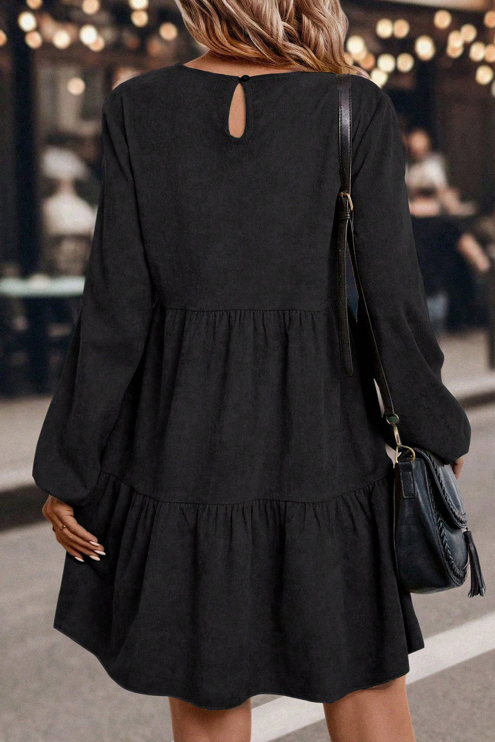 The 'Willow' Dark Brown Lantern Sleeve Tiered Mini Dress