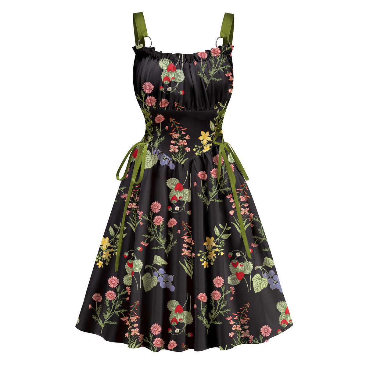 Women's black floral flared dress with ruched bust
