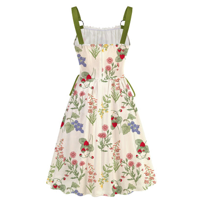 Floral flared dress styled with lime green woven bag, flower earrings and white sandals