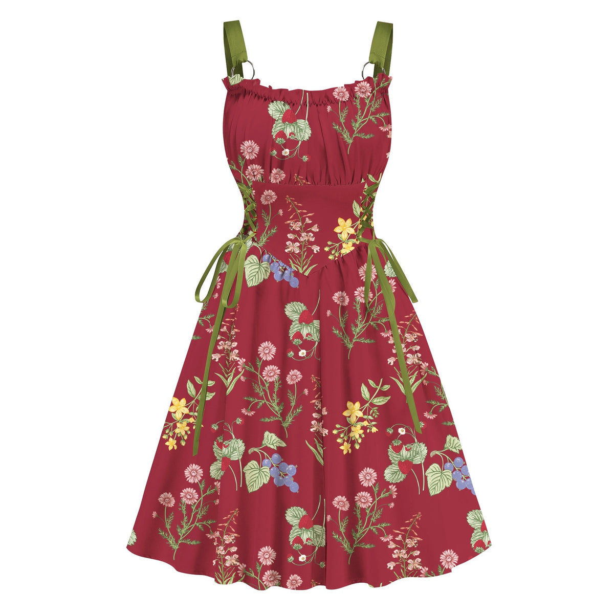 Women's red floral summer dress with flared skirt