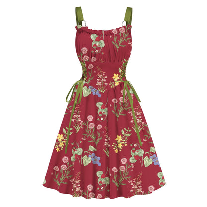 Women's red floral summer dress with flared skirt