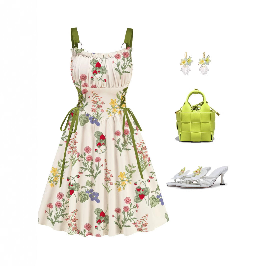 Women's white floral flared dress with lace-up waist ties