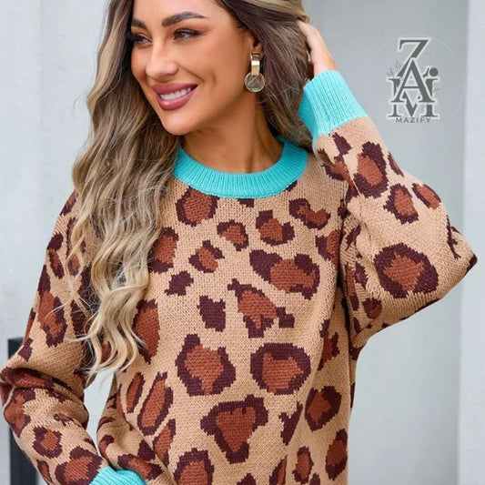 Front view of women's floral pullover sweater in plus size
tiger