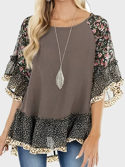 Front view of frill printed round neck blouse