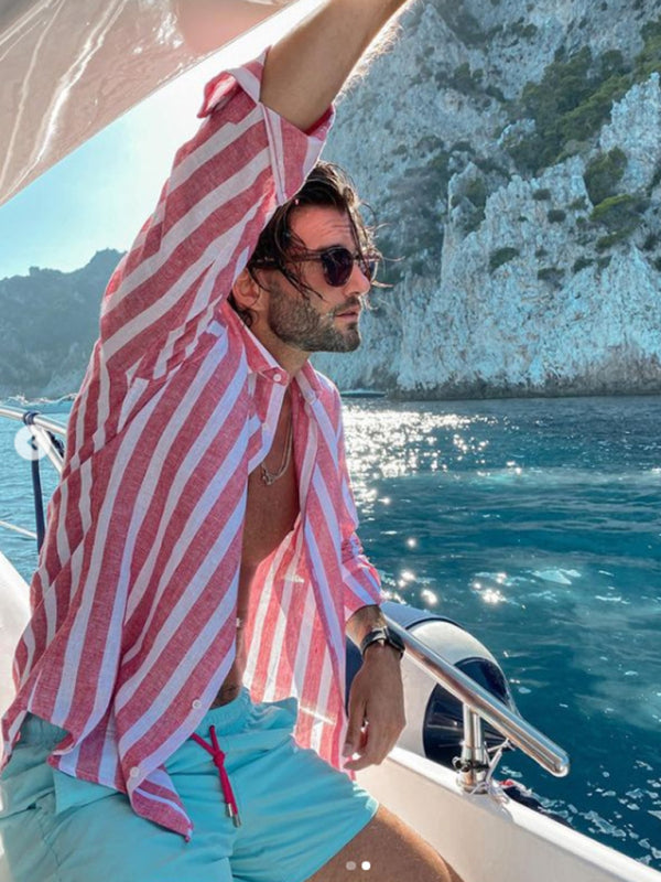 New European and American men's casual comfortable lapel striped beach print long-sleeved shirt