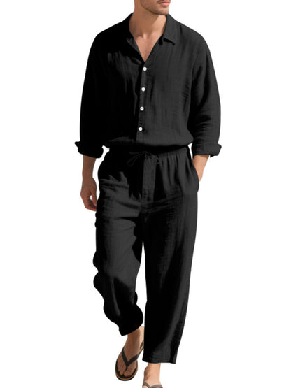 Linen men's casual loose beach sunscreen long-sleeved shirt and trousers set