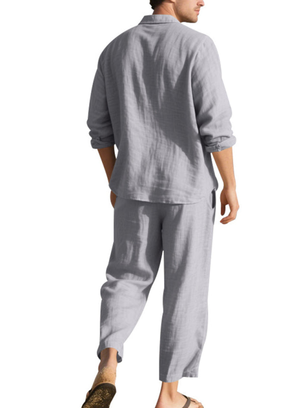 Linen men's casual loose beach sunscreen long-sleeved shirt and trousers set