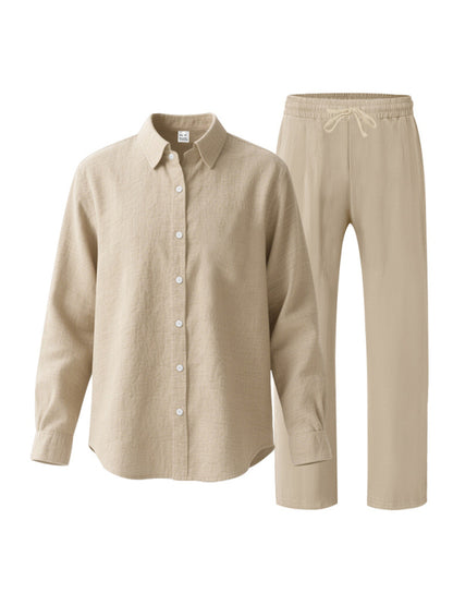Linen men's casual loose beach sunscreen long-sleeved shirt and trousers set