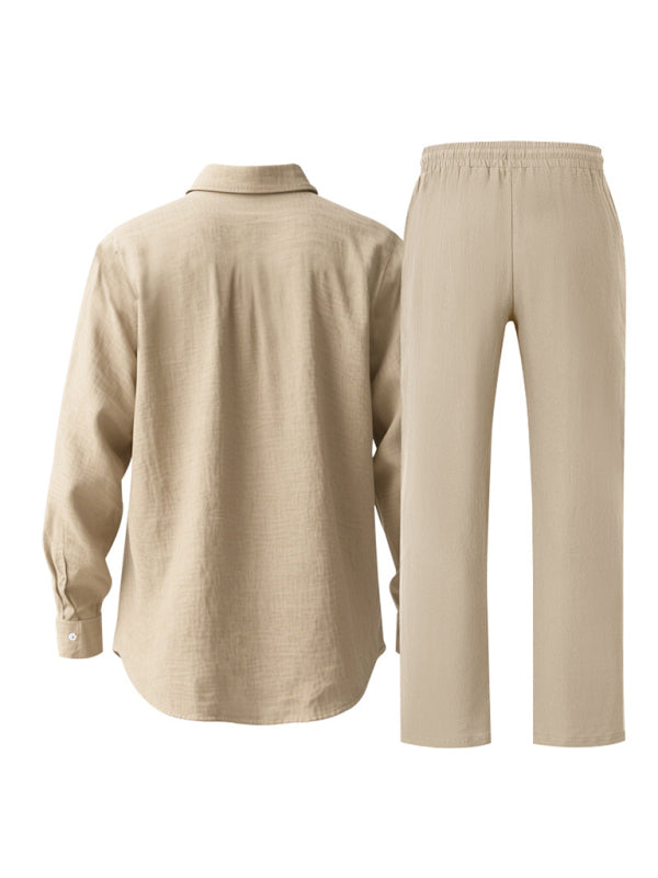 Linen men's casual loose beach sunscreen long-sleeved shirt and trousers set