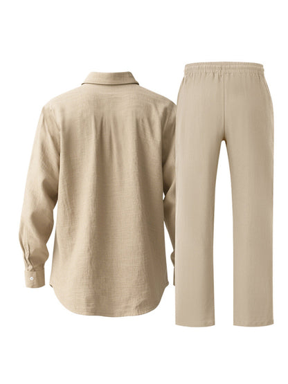 Linen men's casual loose beach sunscreen long-sleeved shirt and trousers set