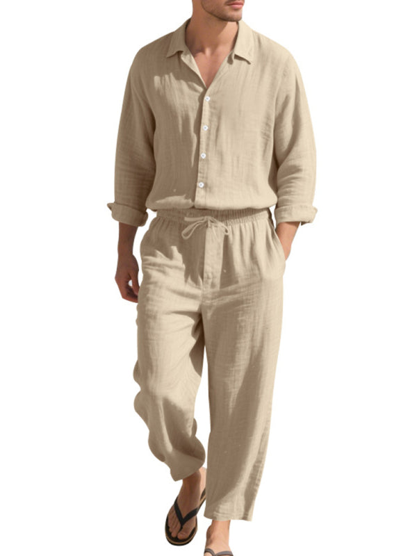 Linen men's casual loose beach sunscreen long-sleeved shirt and trousers set