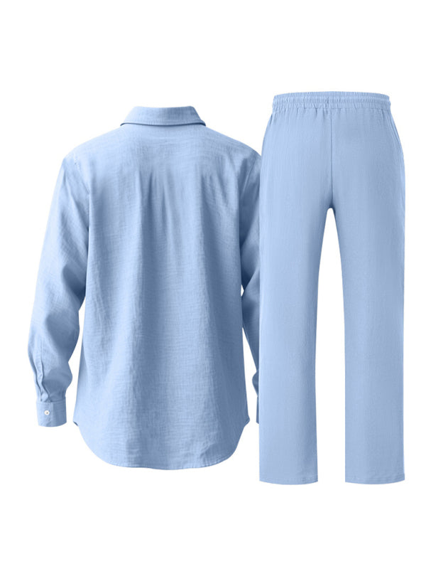 Linen men's casual loose beach sunscreen long-sleeved shirt and trousers set