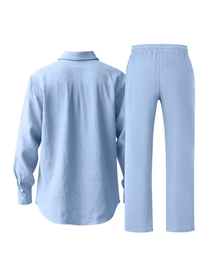 Linen men's casual loose beach sunscreen long-sleeved shirt and trousers set