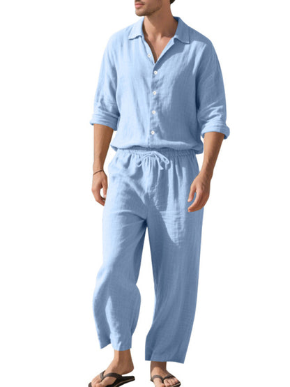 Linen men's casual loose beach sunscreen long-sleeved shirt and trousers set