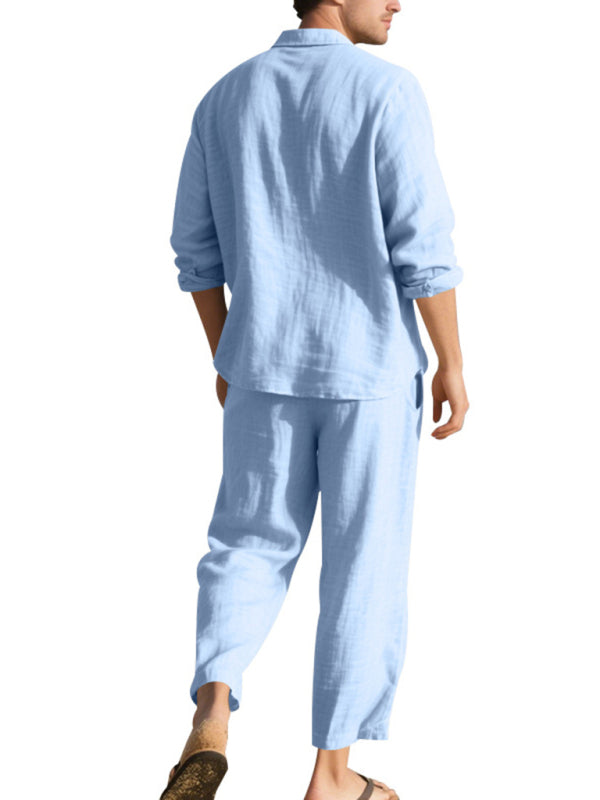 Linen men's casual loose beach sunscreen long-sleeved shirt and trousers set