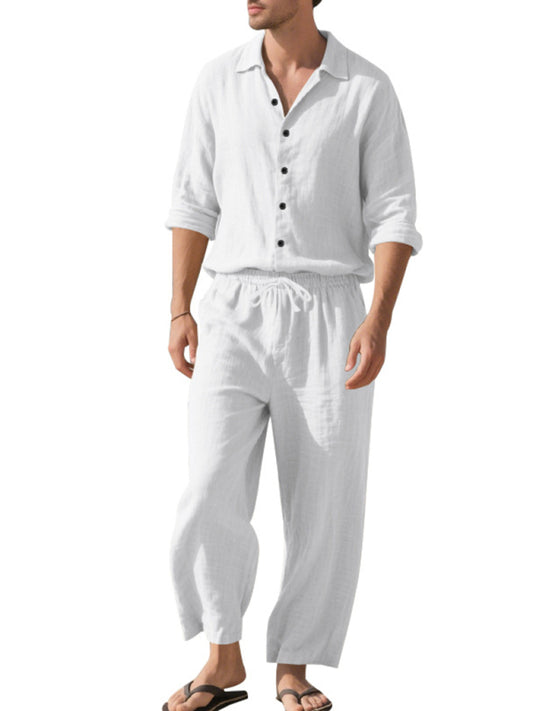 Linen men's casual loose beach sunscreen long-sleeved shirt and trousers set