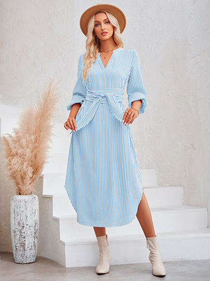 The 'Marina' Striped Tie-Waist Shirt Dress