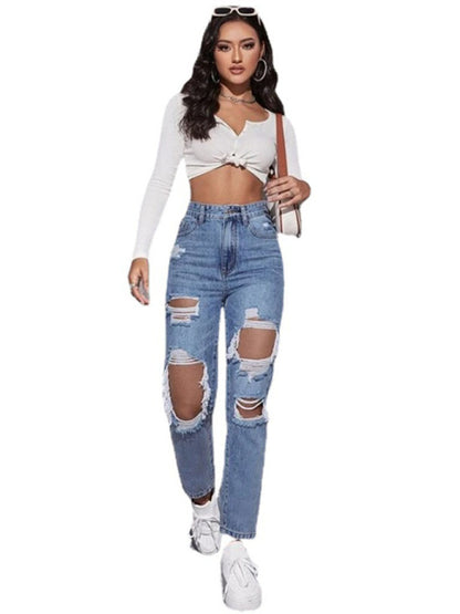 The Fairfax High-Waist Distressed Straight Leg Jeans