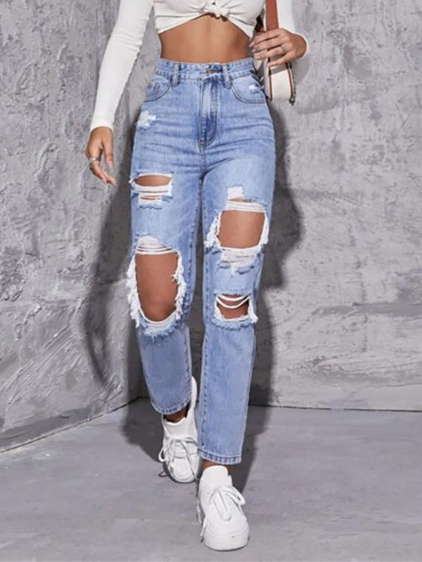 The Fairfax High-Waist Distressed Straight Leg Jeans