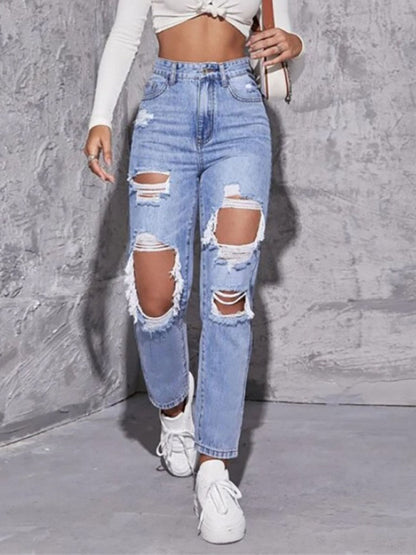 The Fairfax High-Waist Distressed Straight Leg Jeans