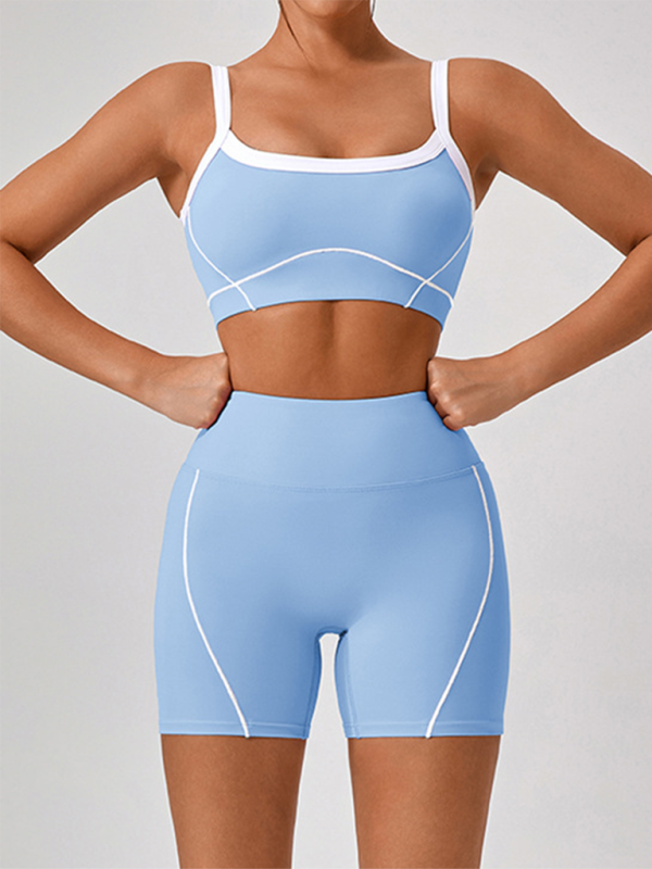 Women’s Contrast Color Yoga Set – Spaghetti Strap Bra & High-Waist Shorts | Mazify
