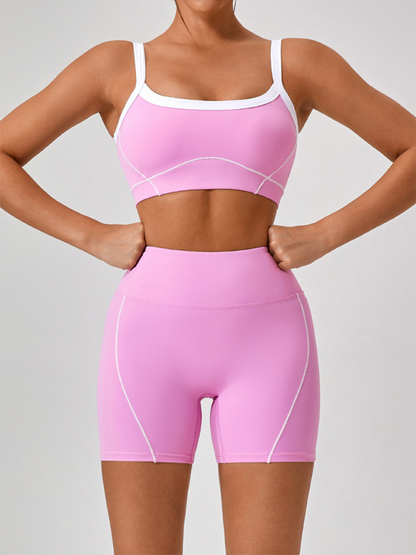 Women’s Contrast Color Yoga Set – Spaghetti Strap Bra & High-Waist Shorts | Mazify