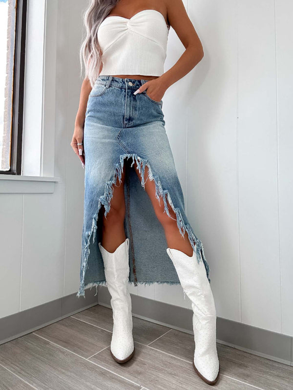 The 'Maverick' Asymmetrical Raw Hem Denim Skirt