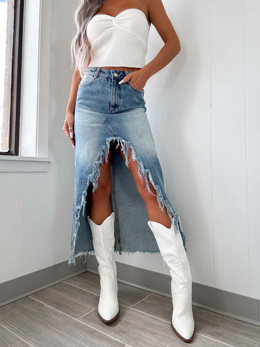 The 'Maverick' Asymmetrical Raw Hem Denim Skirt