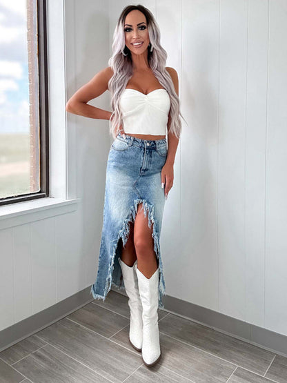 The 'Maverick' Asymmetrical Raw Hem Denim Skirt