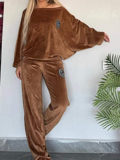 Gold velvet solid color round neck bat sleeves casual two-piece set