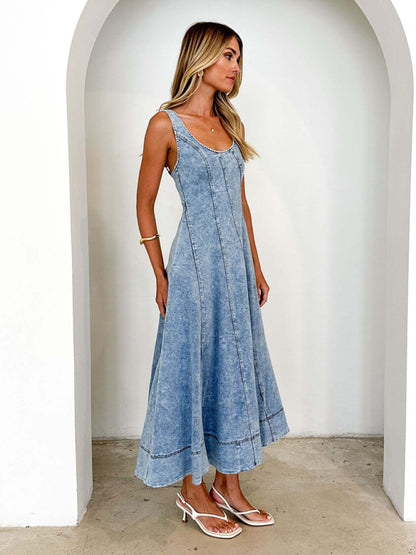 The Allure Open-Back Denim Maxi Dress
