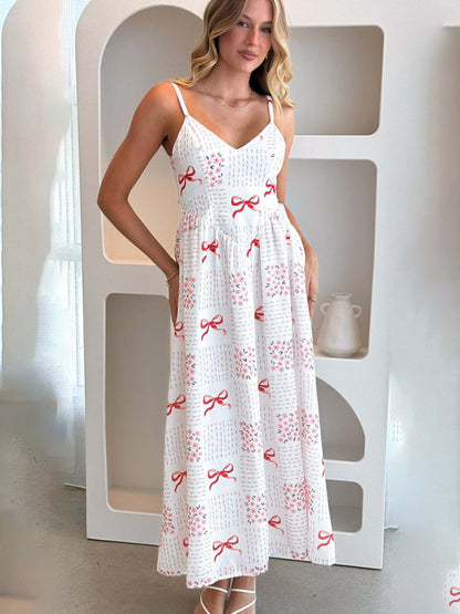 New V-neck waist holiday backless bow print dress