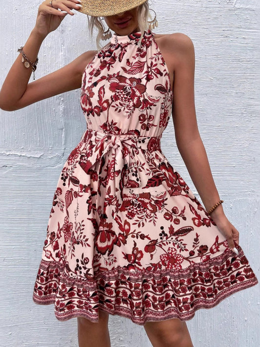 Fashion floral waist halter neck dress