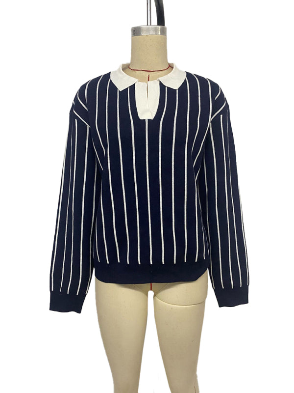 College Casual Street Fashion Style Lapel Striped Sweater for Women