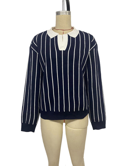 College Casual Street Fashion Style Lapel Striped Sweater for Women