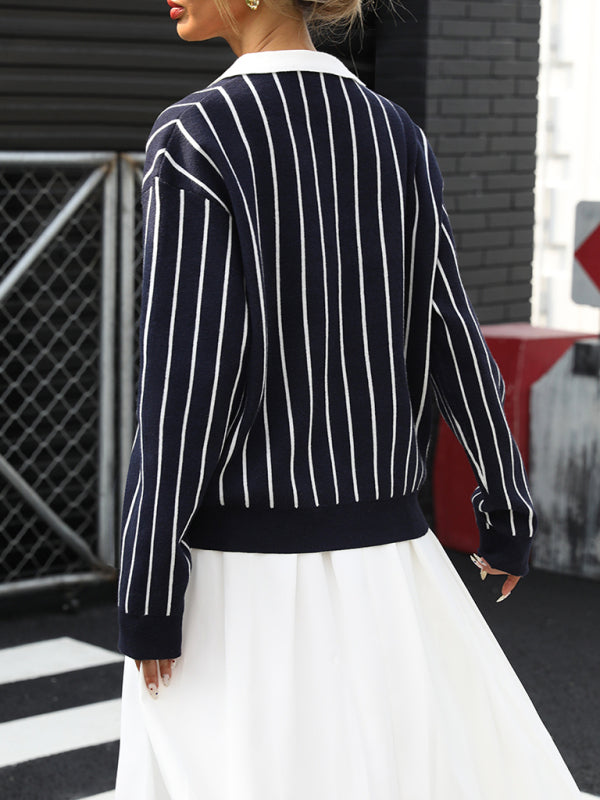 College Casual Street Fashion Style Lapel Striped Sweater for Women