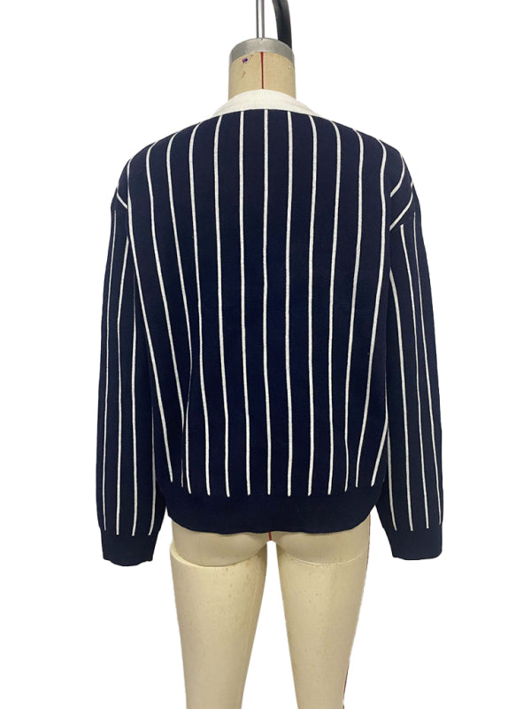 College Casual Street Fashion Style Lapel Striped Sweater for Women