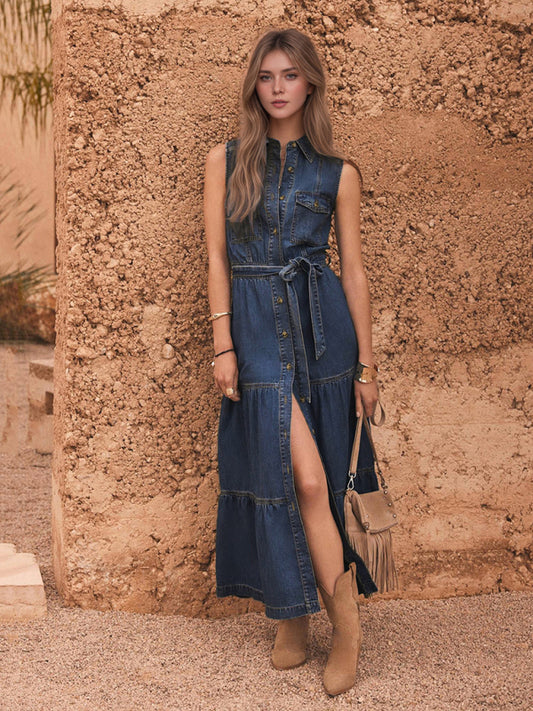 Blue sleeveless long dress with waist tie