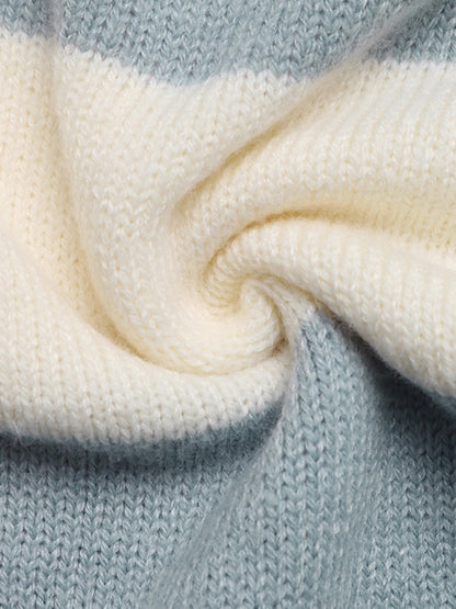 Women's Hooded Knitted Jacket Turned-edge Striped Contrast Color Sweater Zippered Cardigan