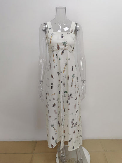 Women's Sleeveless Lace-up Suspender Sexy Print Dress