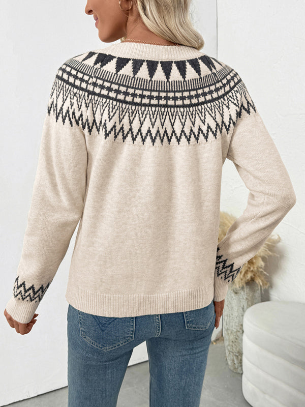Ethnic style round neck pullover sweater Fair Isle vintage knitted sweater