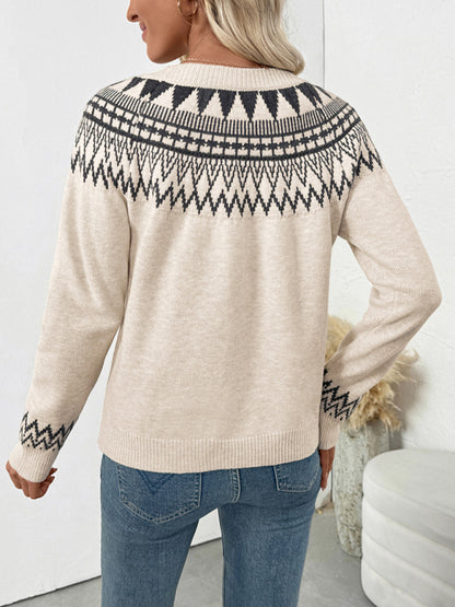 Ethnic style round neck pullover sweater Fair Isle vintage knitted sweater