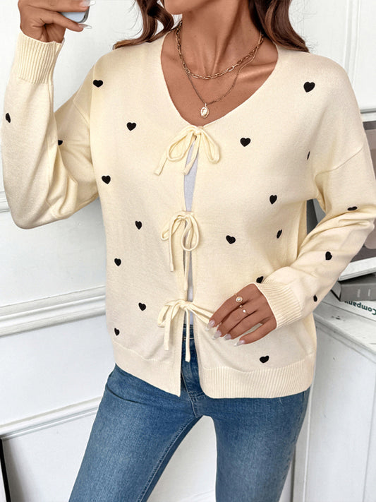 Sweet and cute heart pattern v-neck lace-up cardigan sweater jacket
