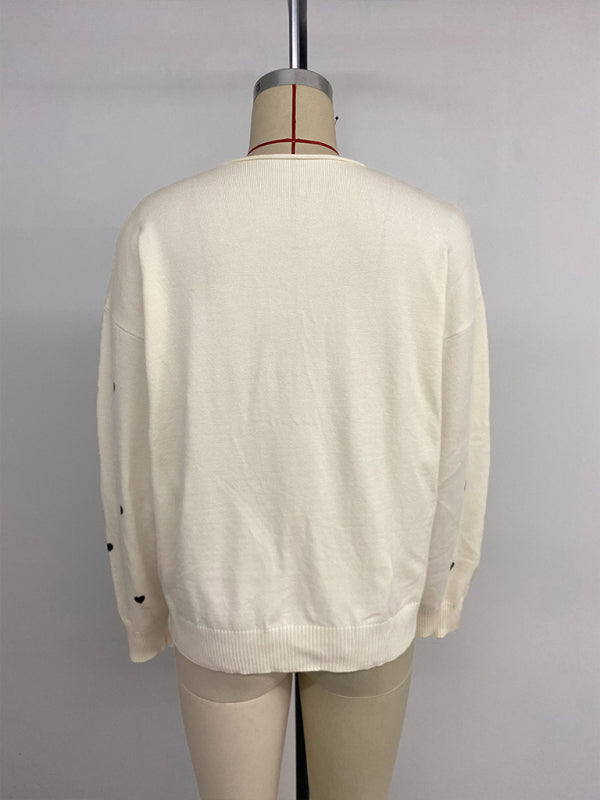 Sweet and cute heart pattern v-neck lace-up cardigan sweater jacket