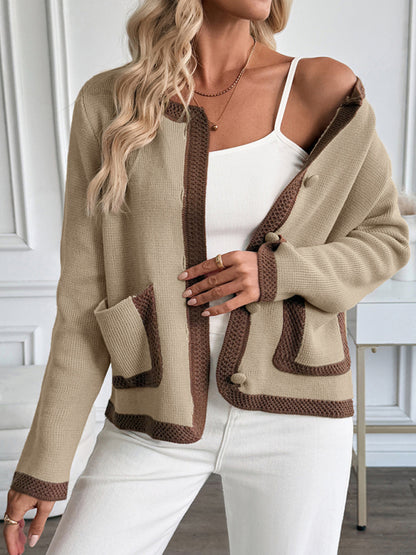 New Retro Contrast Color Knitted Cardigan Sweater Jacket