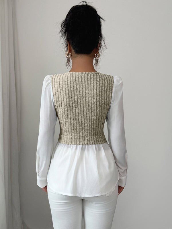 Elegant patchwork long-sleeved vest shirt