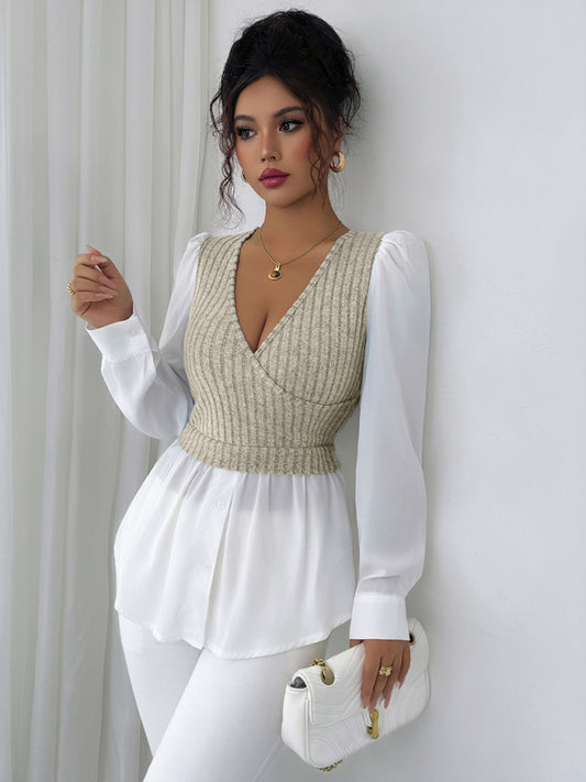 Elegant patchwork long-sleeved vest shirt