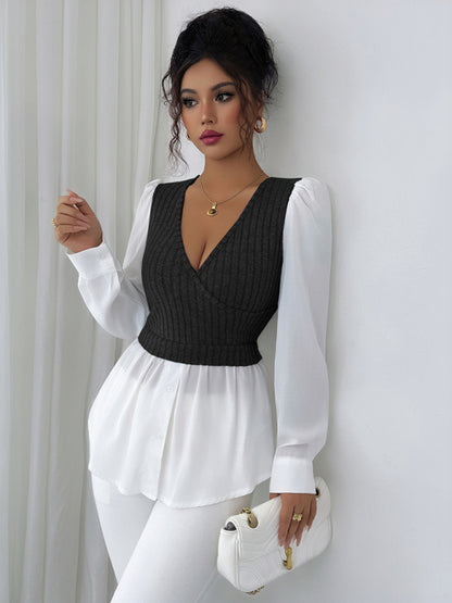Elegant patchwork long-sleeved vest shirt