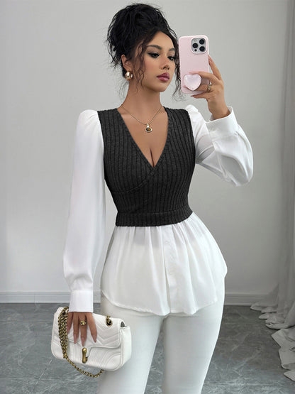 Elegant patchwork long-sleeved vest shirt