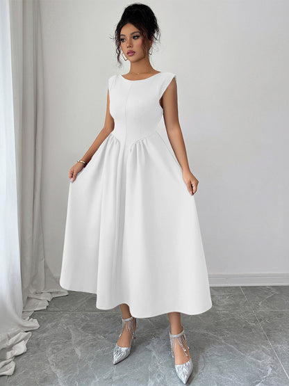 Elegant solid color waisted sleeveless maxi dress